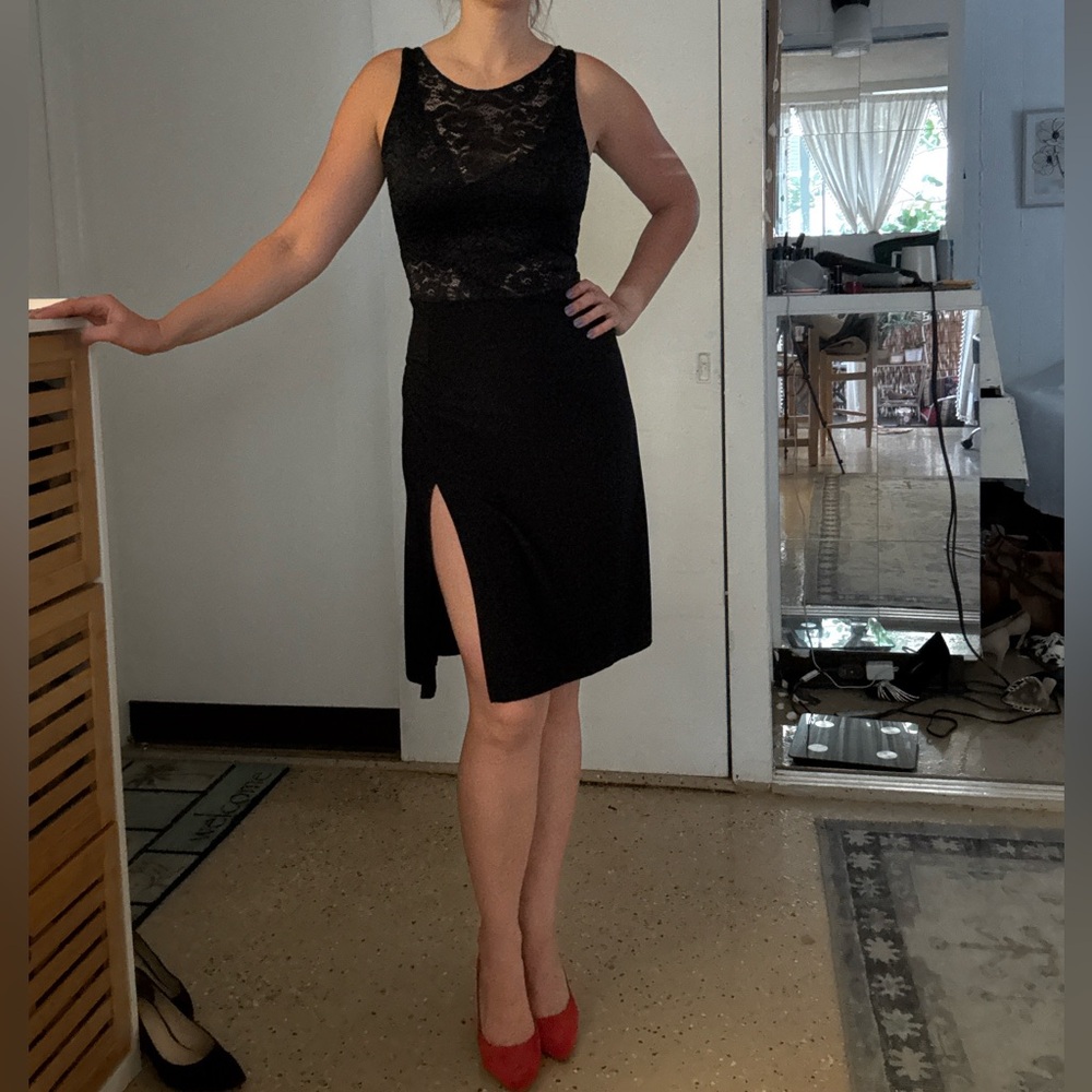 Elegant Dance Salsa Tango Black Lace Dress with Slit